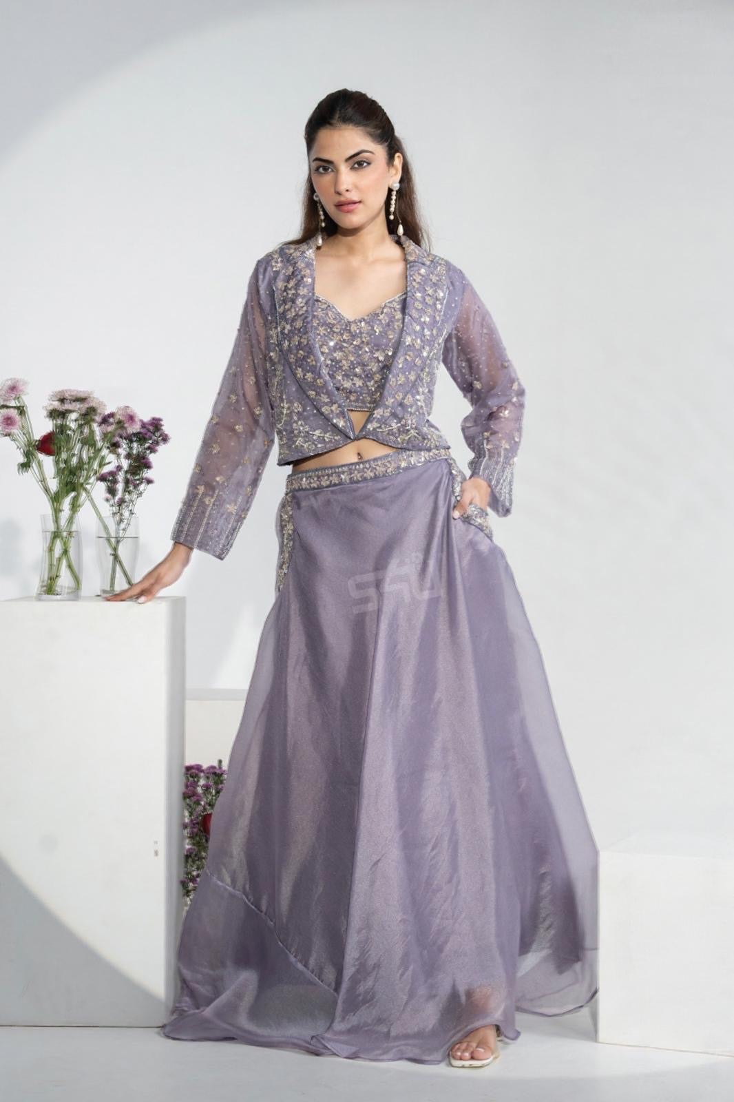 Lilac Lehenga Set with Handcrafted Jacket | Label S4U