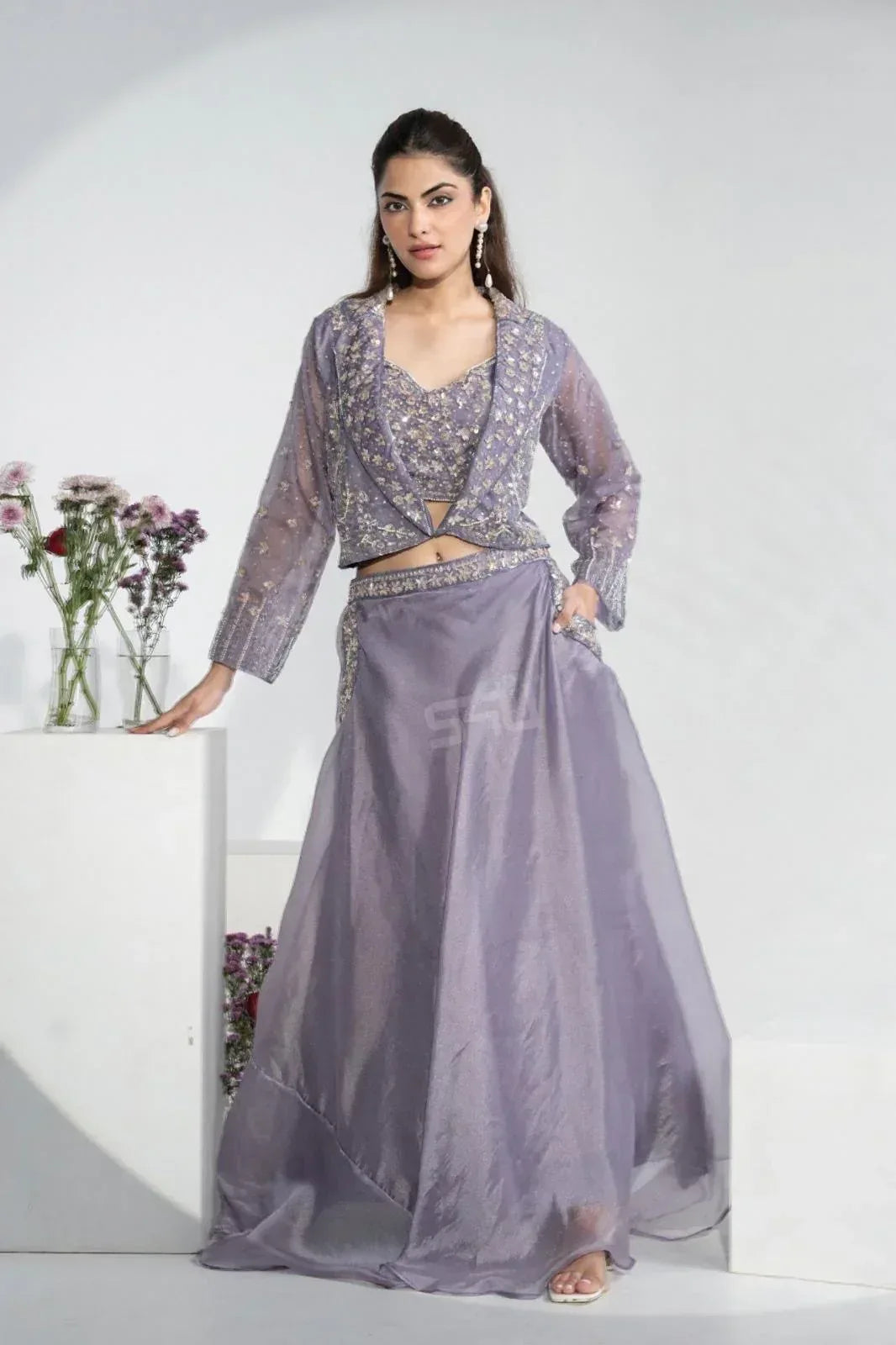 Lilac Lehenga Set with Handcrafted Jacket | Label S4U - MishUUU