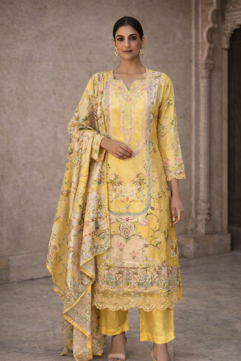 Yellow Printed Kurta Palazzo Set