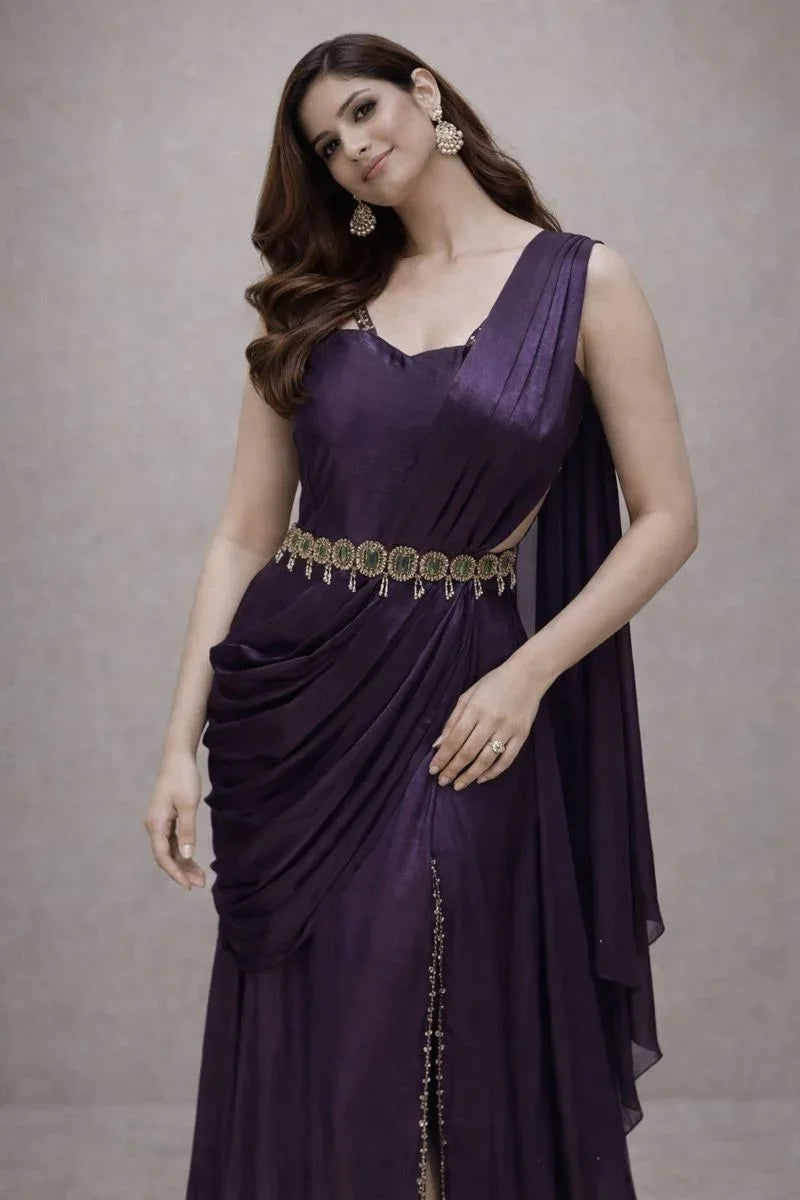Plum Draped Gown with Waist Belt | Label S4U - MishUUU