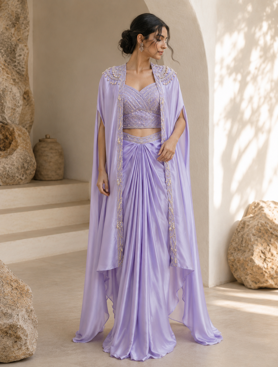 Lilac Pearl Cape Saree Set