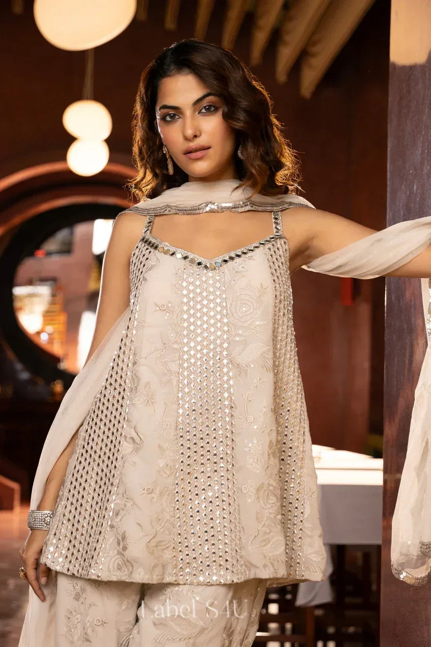 Ivory Handcrafted Mirror Work Straight Set | Label S4U - MishUUU