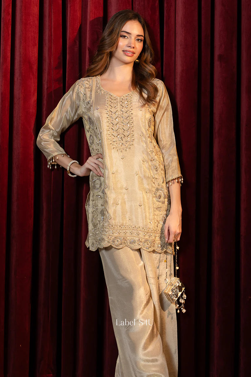 Champagne Zari Pearl Kurta Couture Ensemble