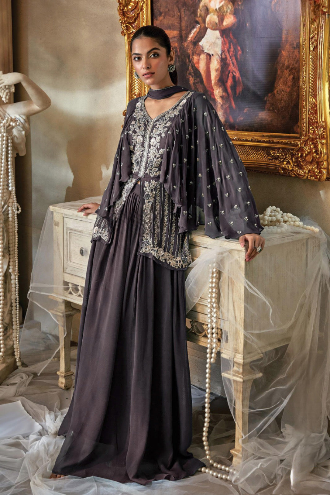 Grey Skirt Set, Embroidered Skirt