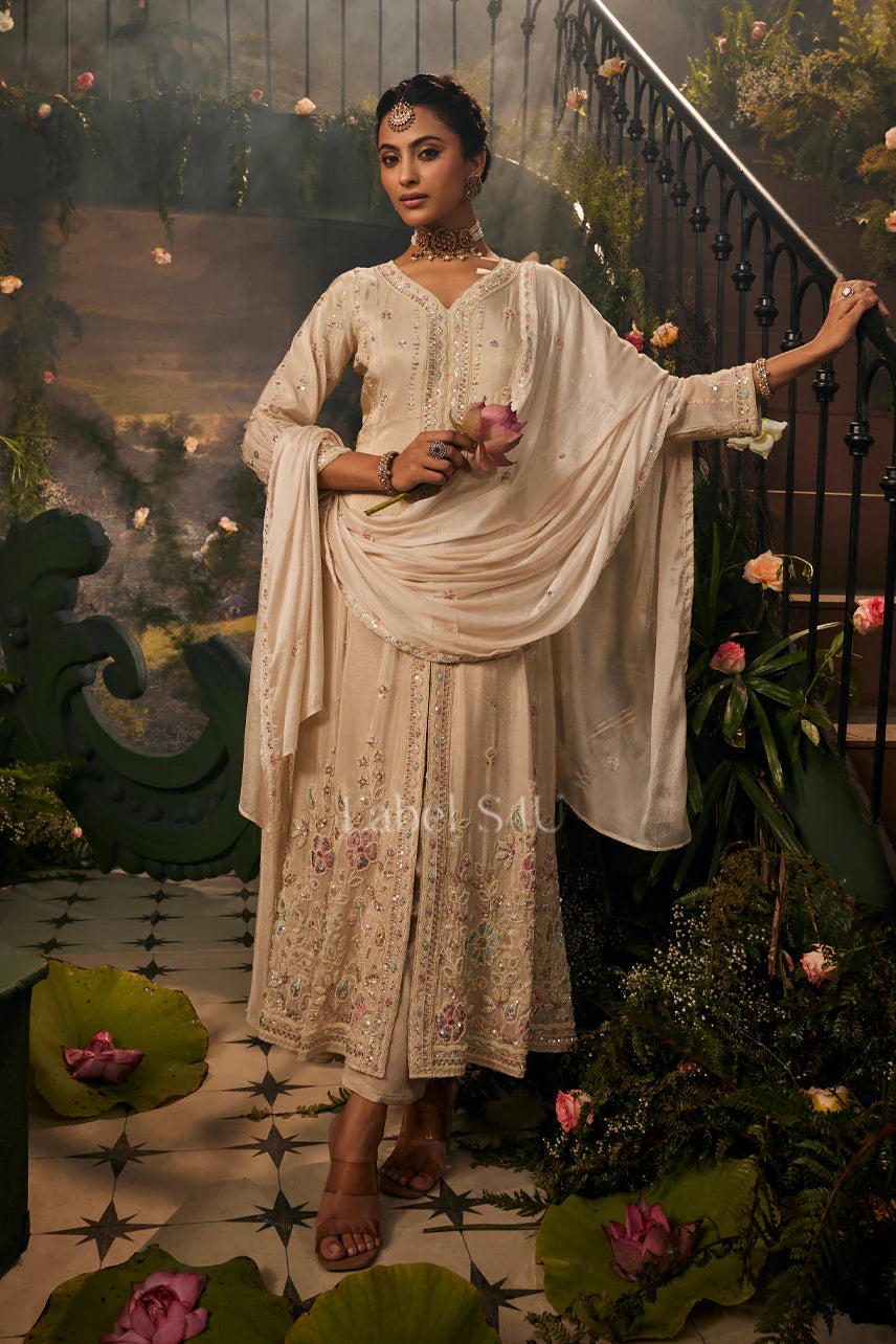 Beige Pastel Embroidered Luxe Sharara Set