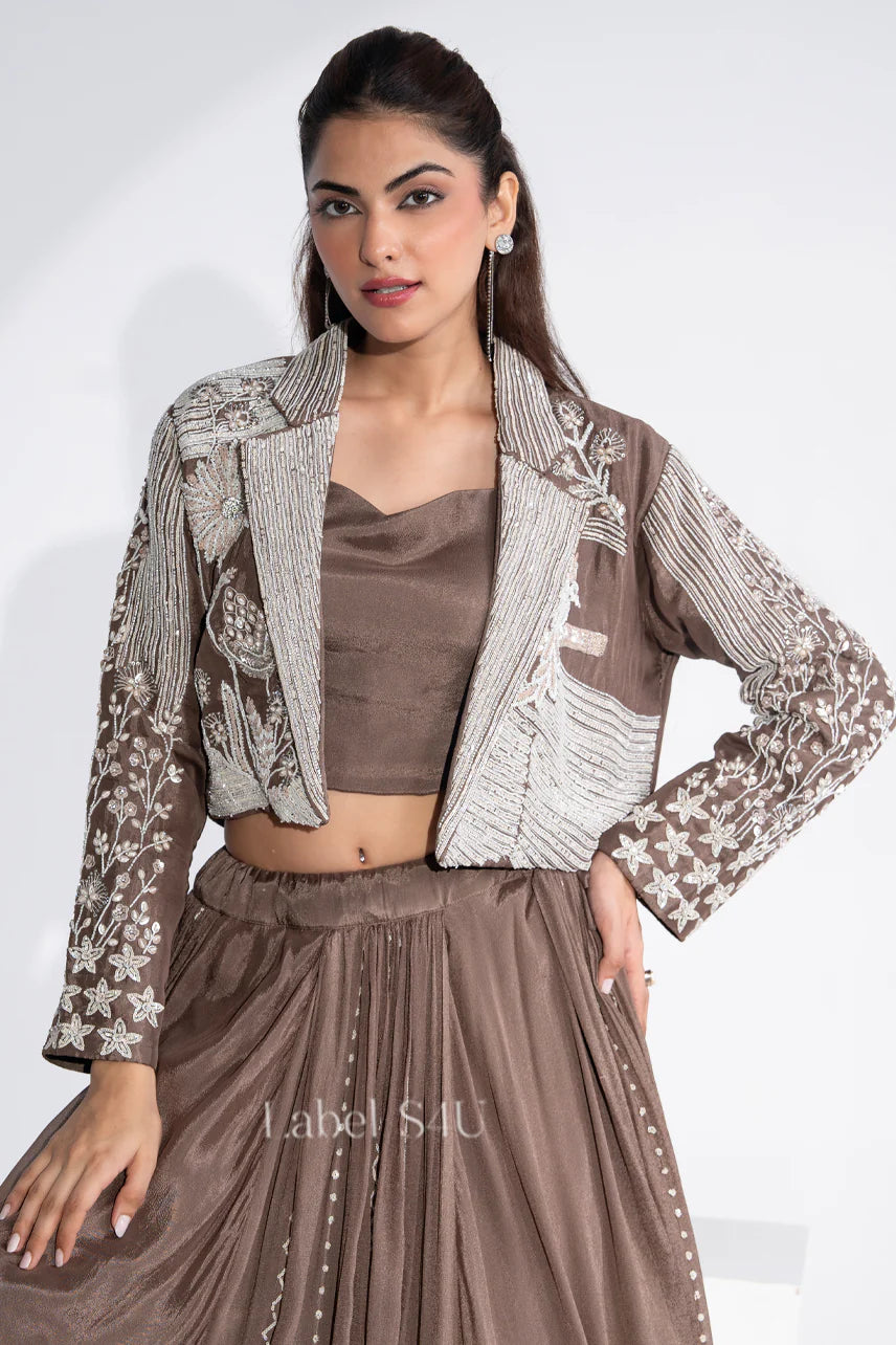Mocha Brown Hand-Crafted Lehenga with Cropped Jacket | Label S4U