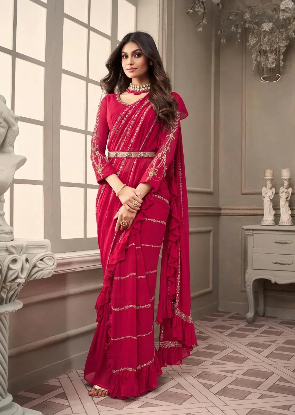 Crimson Ruffle Drape Saree with Handcrafted Belt - MishUUU