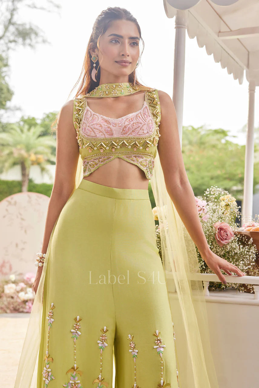 Lime Green Handcrafted Palazzo Set with Statement Crop Top |Label S4U