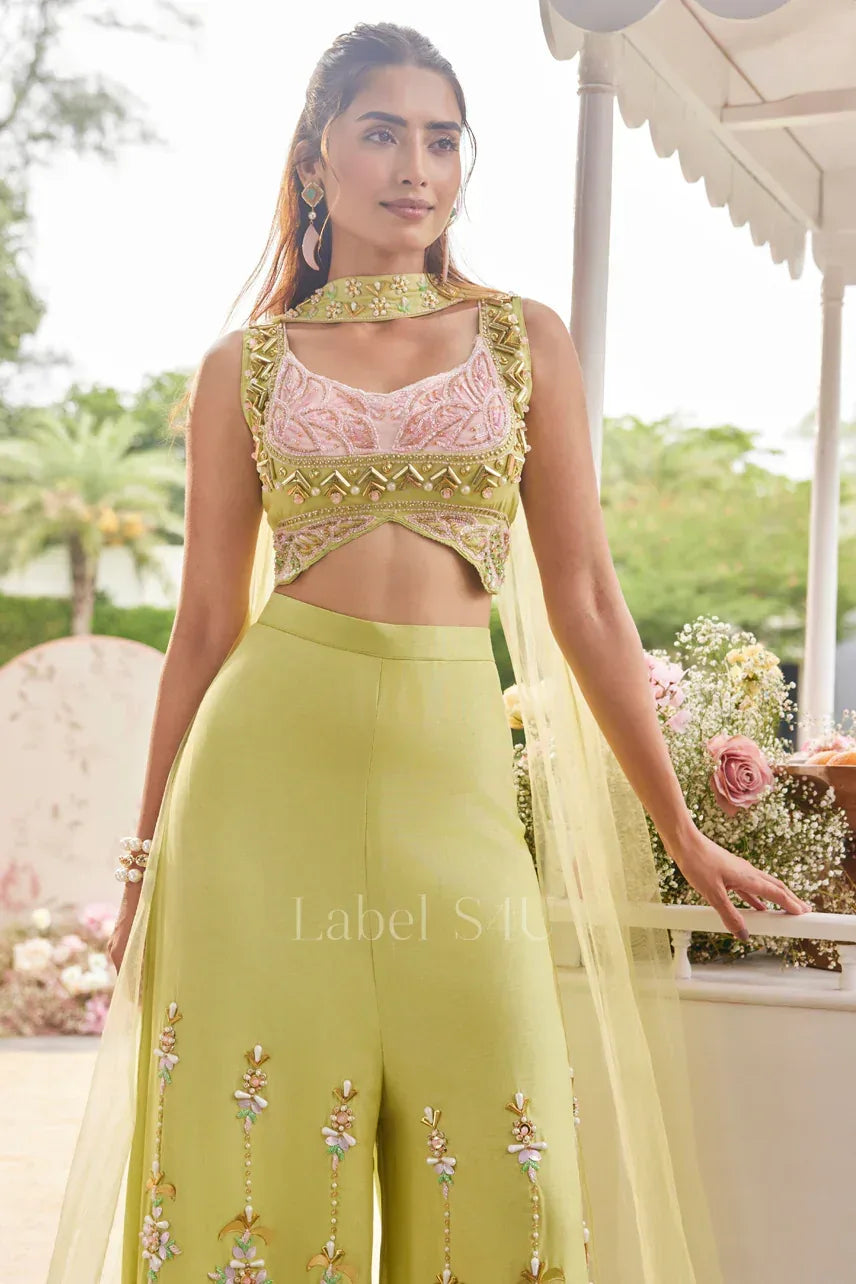 Lime Green Handcrafted Palazzo Set with Statement Crop Top |Label S4U - MishUUU