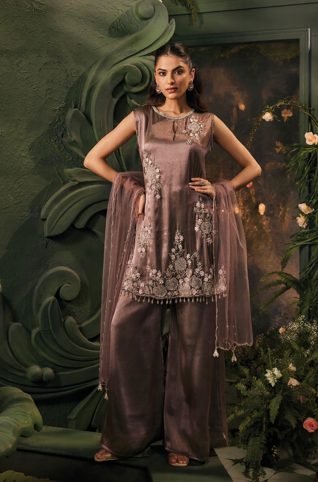 Mocha Bloom Embroidered Silk Palazzo Set