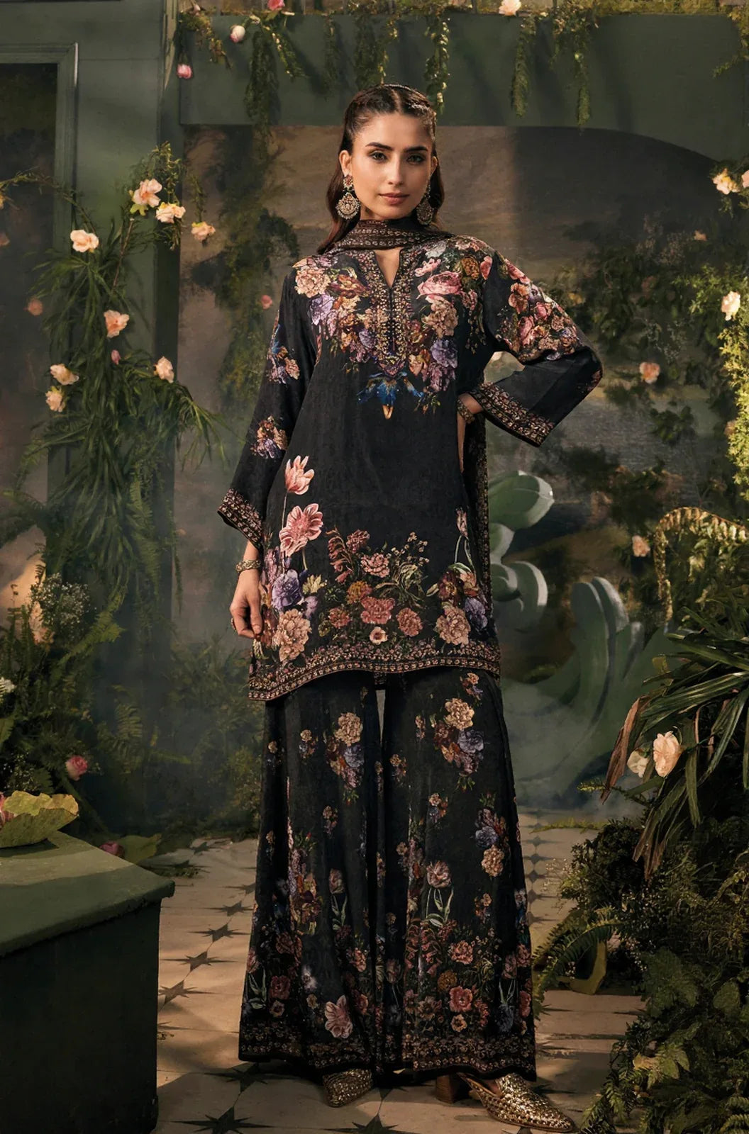 Midnight Black Floral Palazzo Suit Set - MishUUU