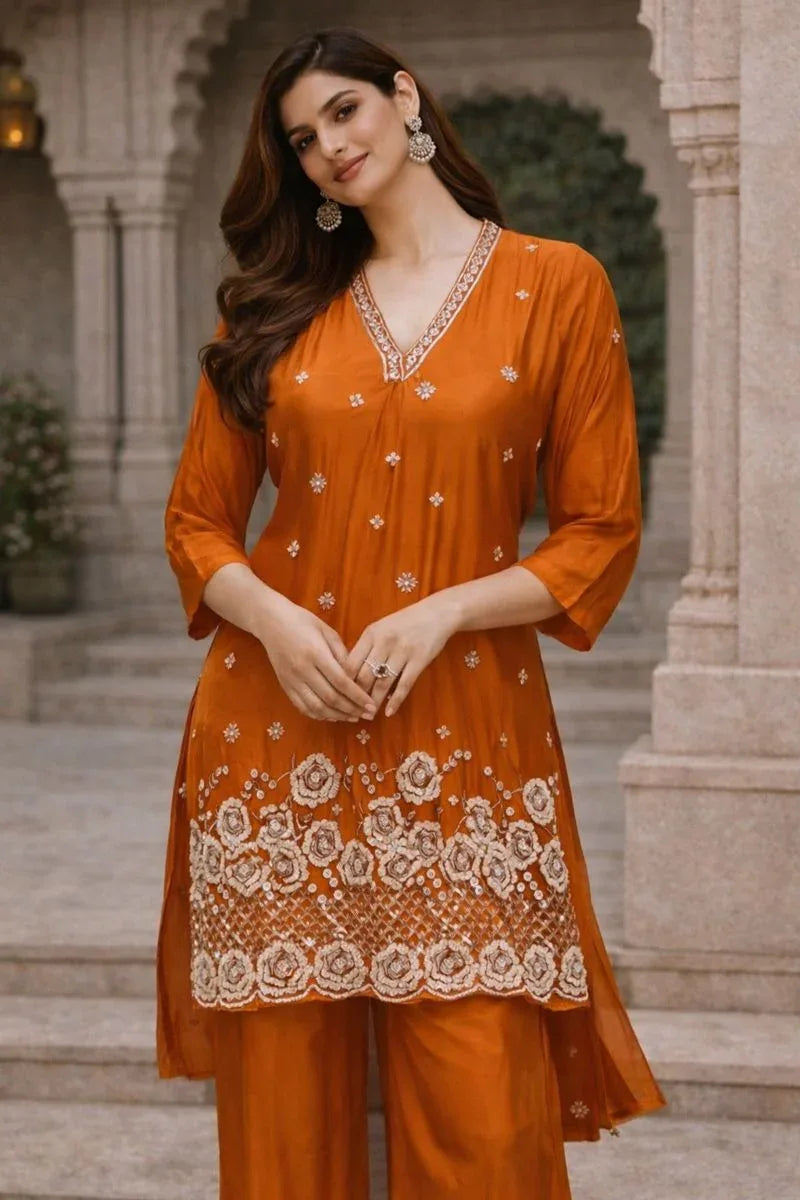 Amber Glow Embroidered Suit Set – A Dance of Warmth & Elegance - MishUUU