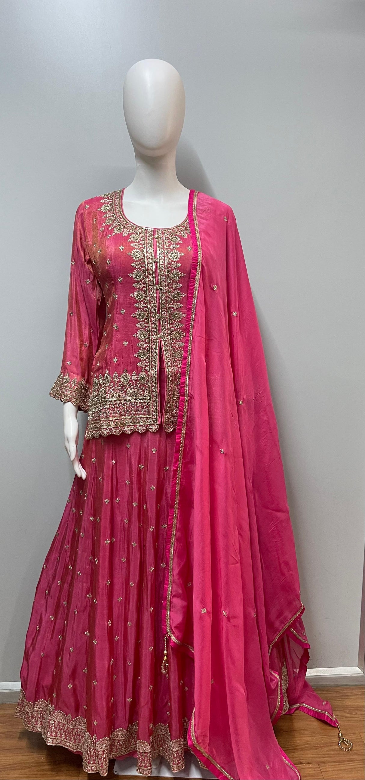 Rani Pink Gold Embroidered Lehenga Set