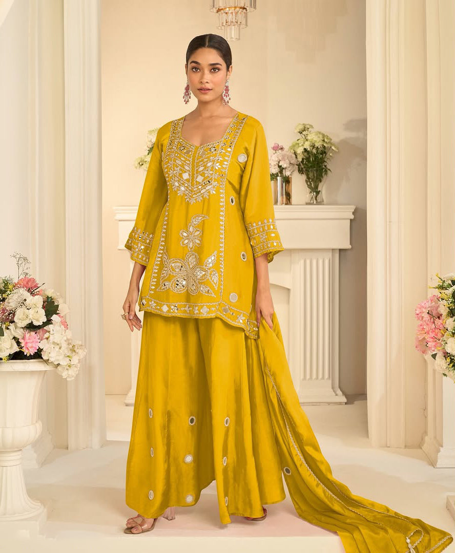 Mustard Gold Mirror Sharara Luxe Set