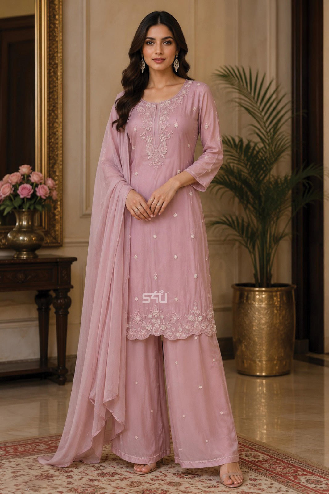 Dusty Rose Ivory Embroidered Palazzo Dupatta Set