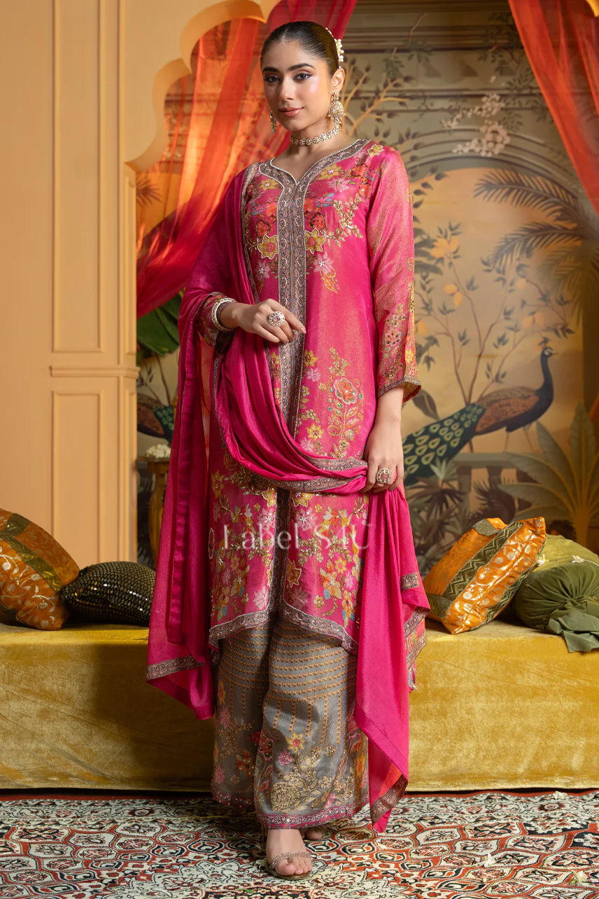 Fuchsia Pink Floral Printed Suit with Grey Palazzo | Label S4U