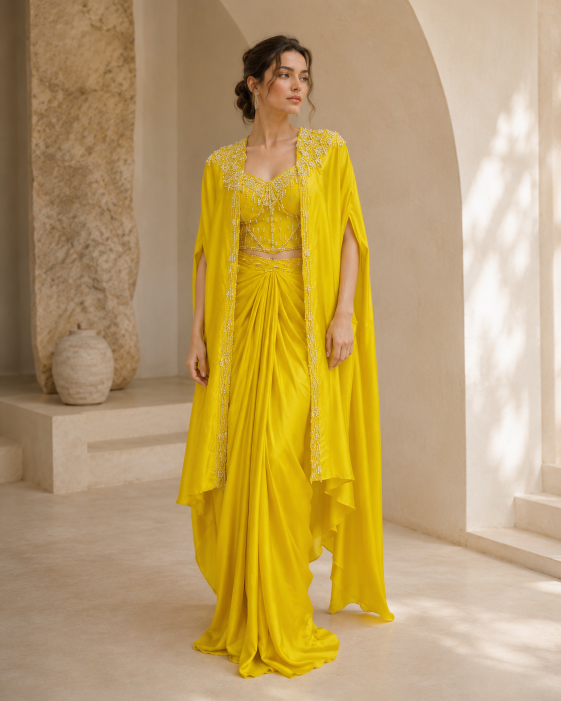 Lemon Yellow Pearl Cape Saree Set