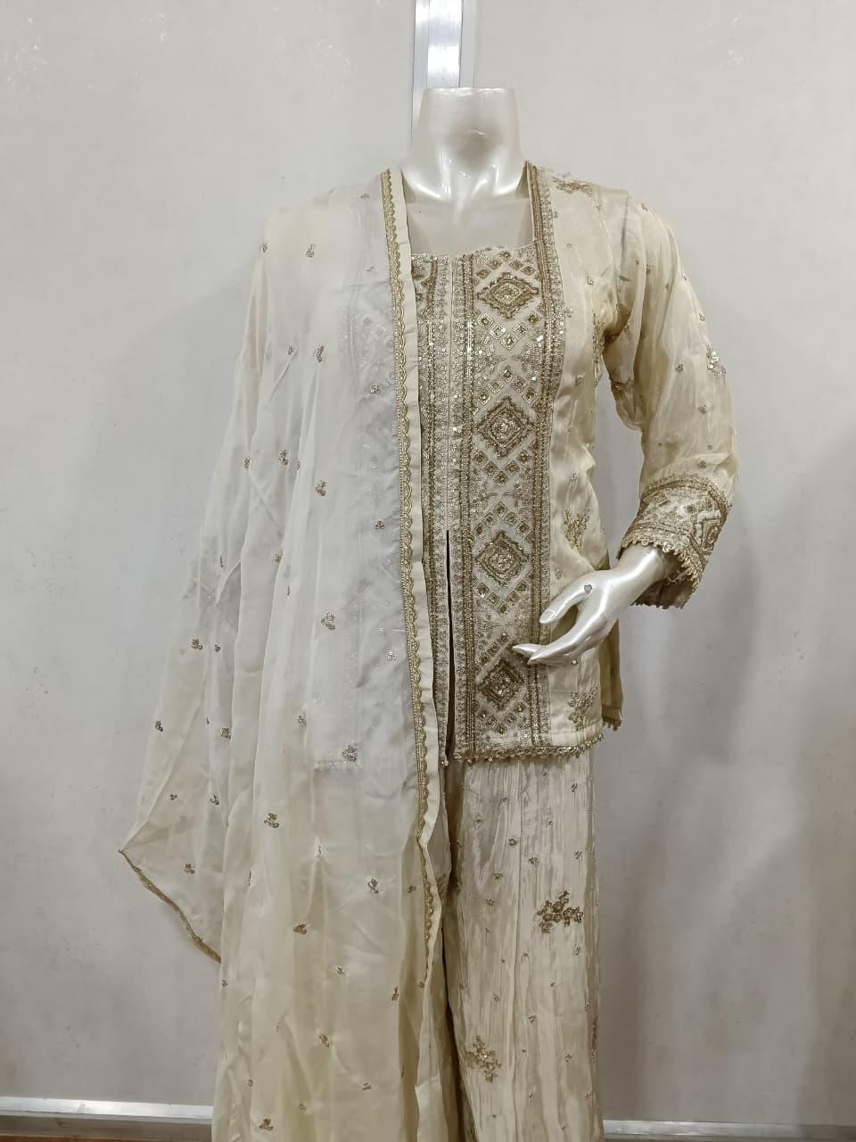 Ivory Gold Embroidered Sharara Regal Ensemble - MishUUU