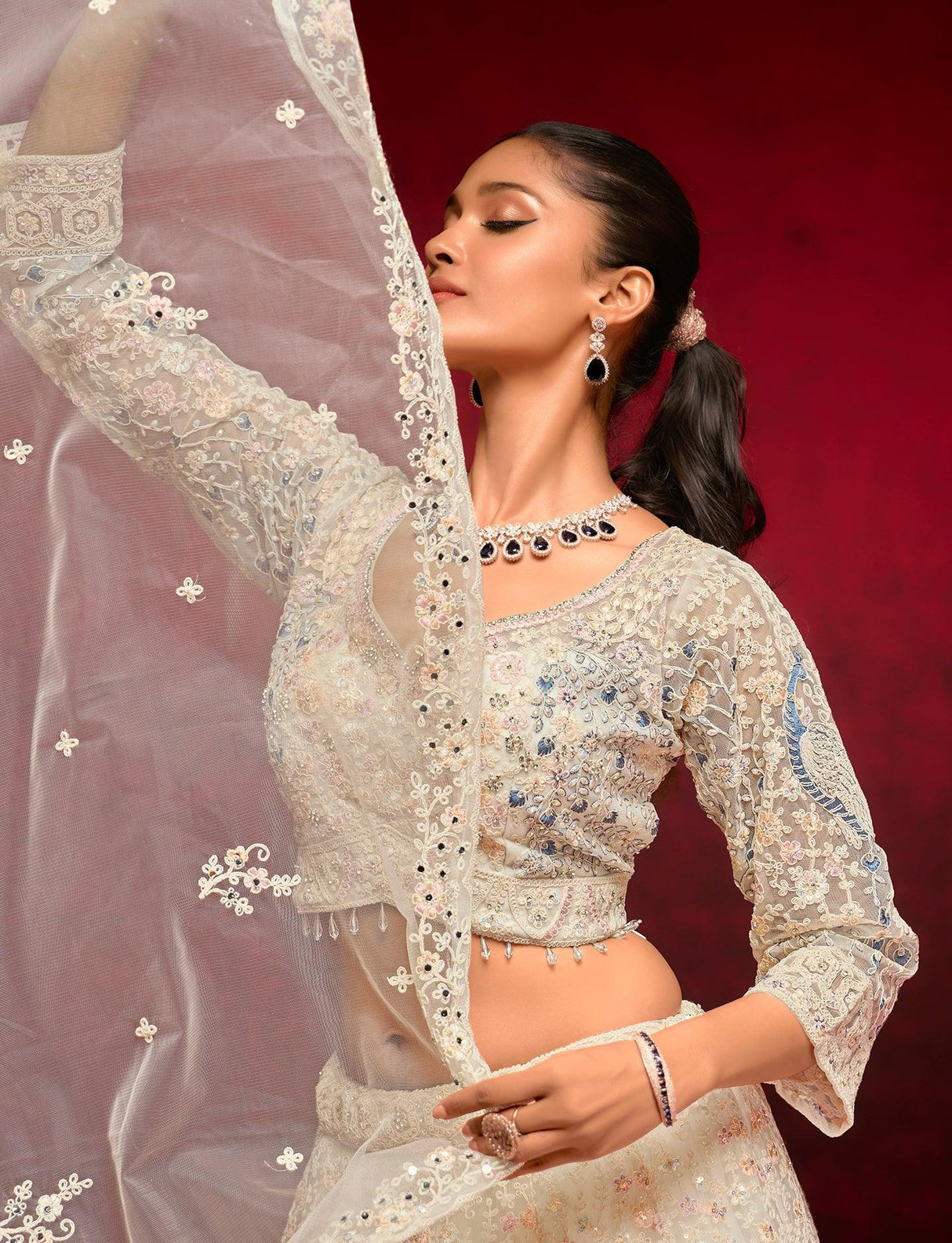 Ivory Handcrafted Lehenga with Sequins & Net Dupatta - MishUUU