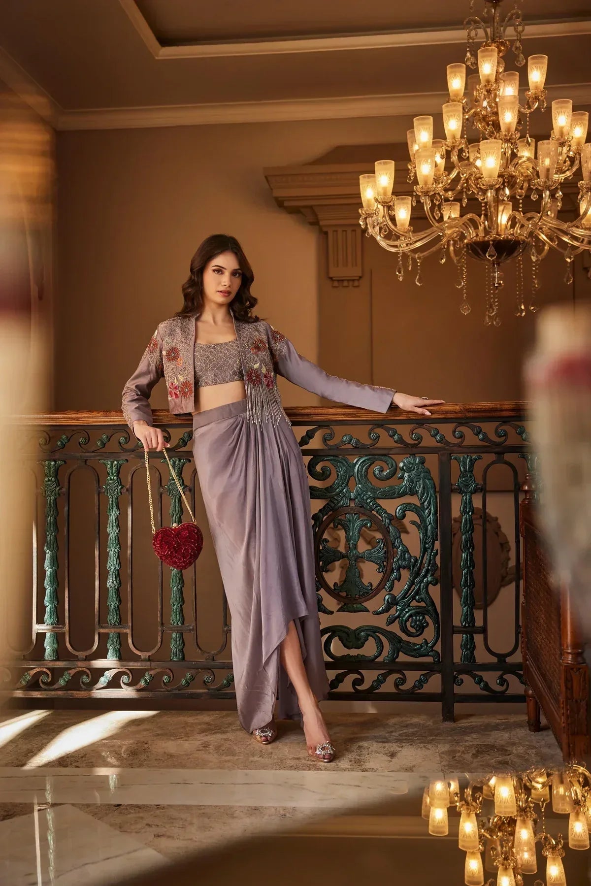 Lilac Indo-Western Saree Set with Embellished Jacket |Label S4U - MishUUU