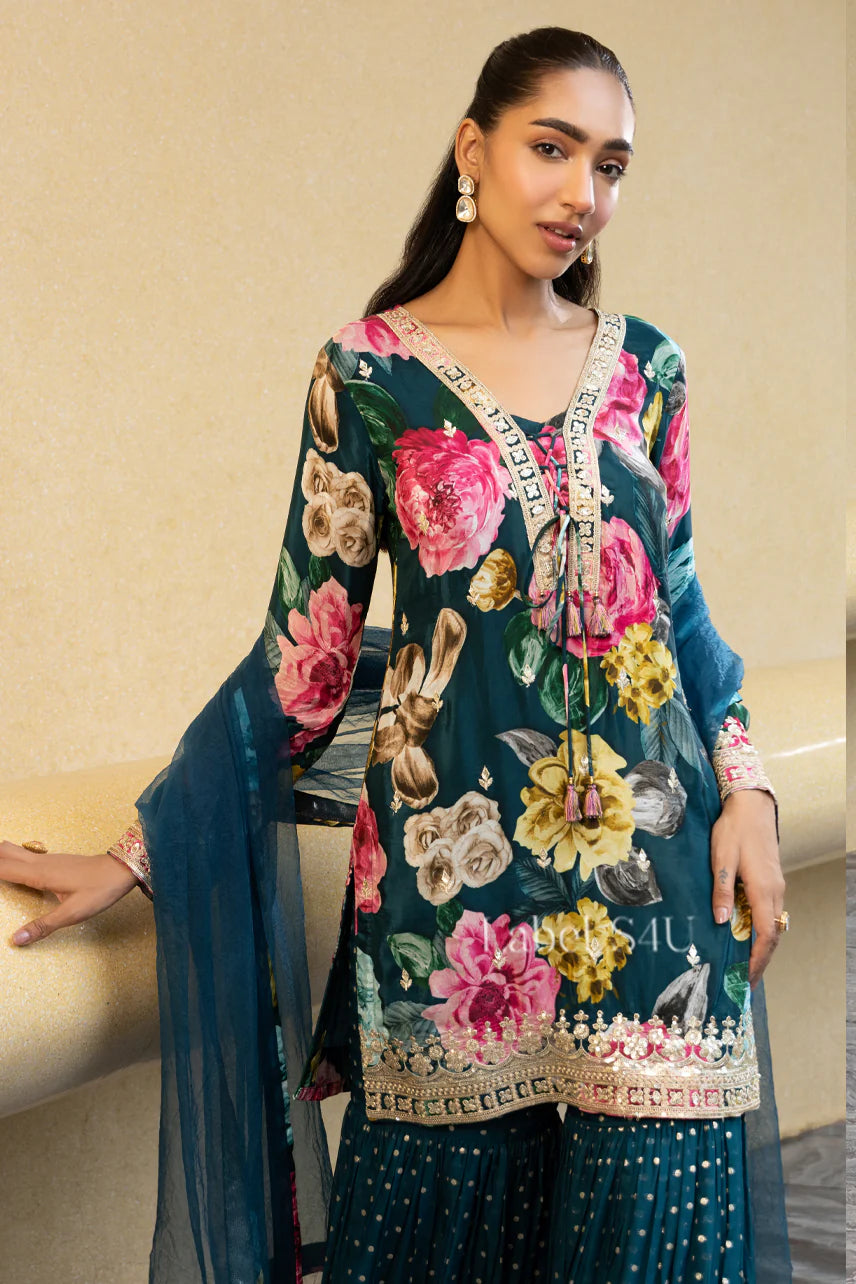 Teal Floral Sharara Set | Label S4U