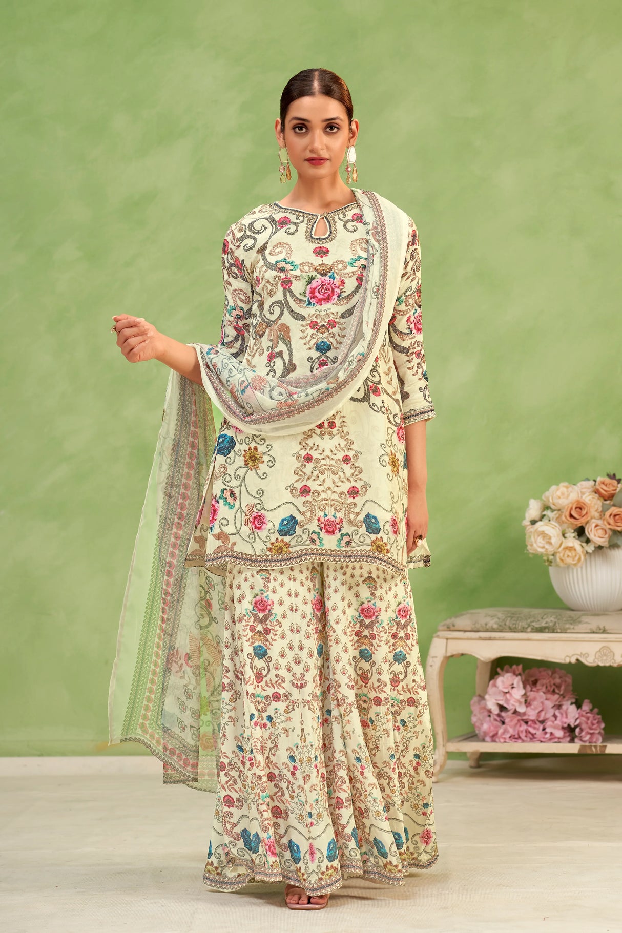 Ivory Multicolor Sharara Set | Label S4U - MishUUU