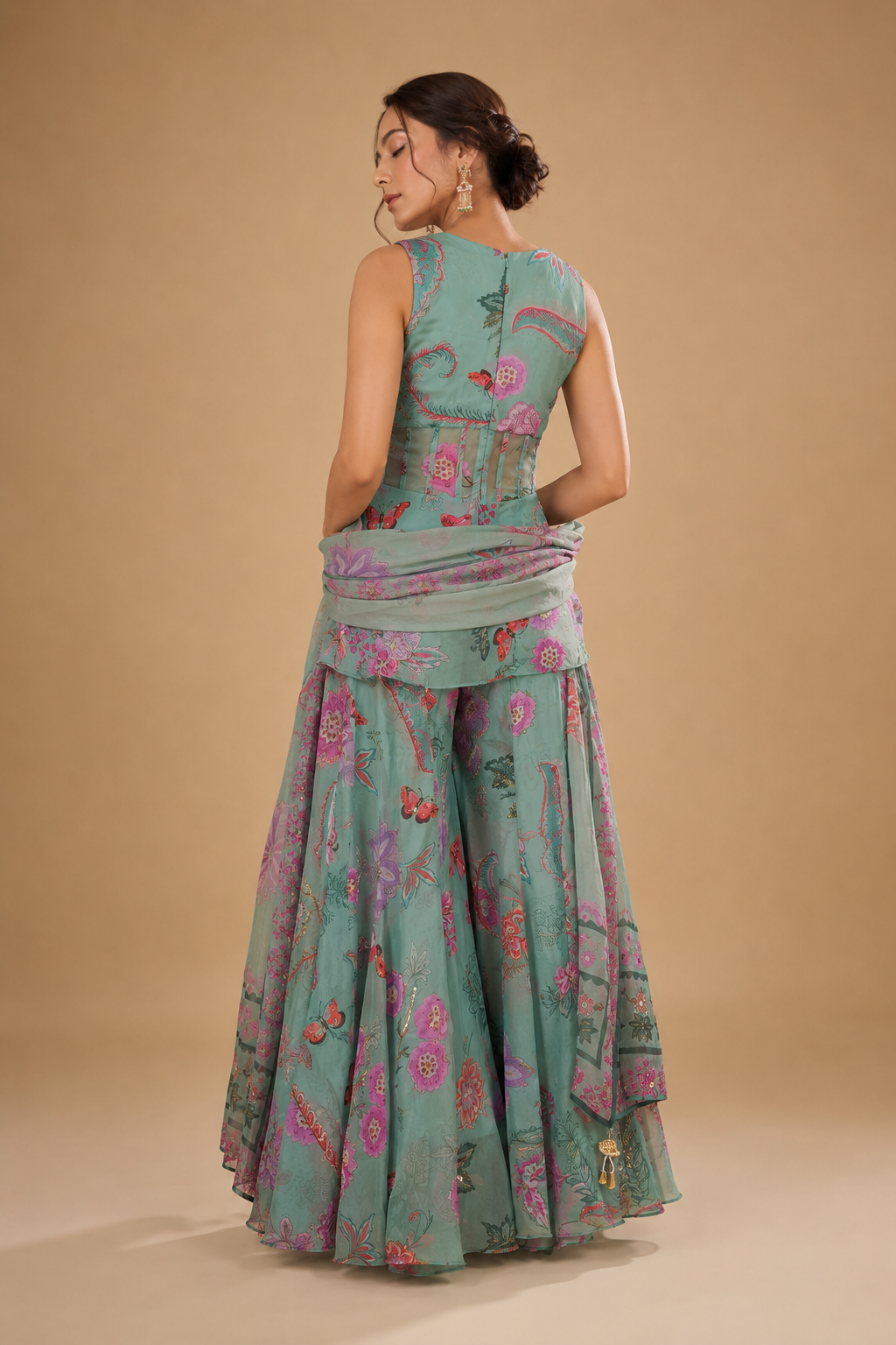 Sea Green Floral Peplum Sharara Ensemble