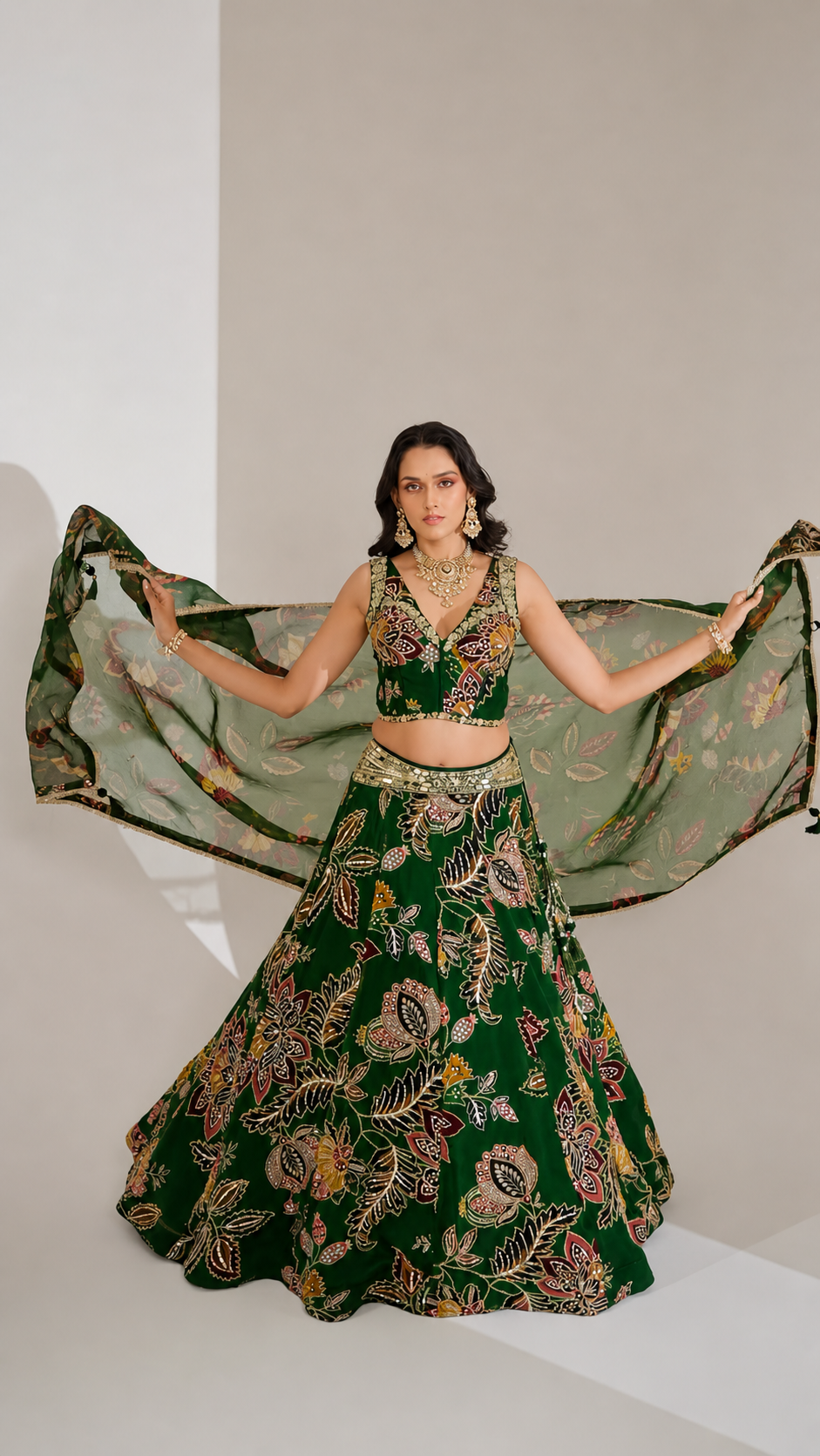 Emerald Bloom Embroidered Lehenga Set (40-45 days Delivery)