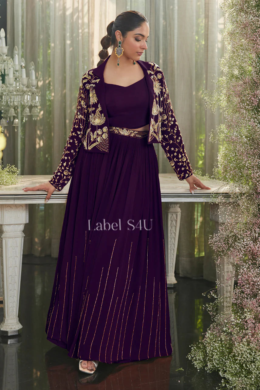Plum Purple Jacket Set with Gold Handcrafted Embroidery, Blouse, and Skirt | Label S4U