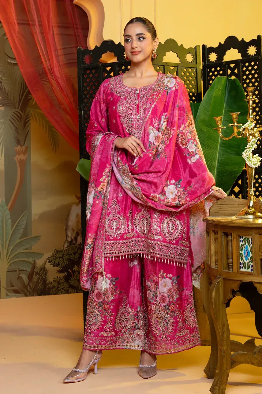 Fuchsia Pink Hand-Crafted Palazzo Suit with Dupatta | Label S4U - MishUUU