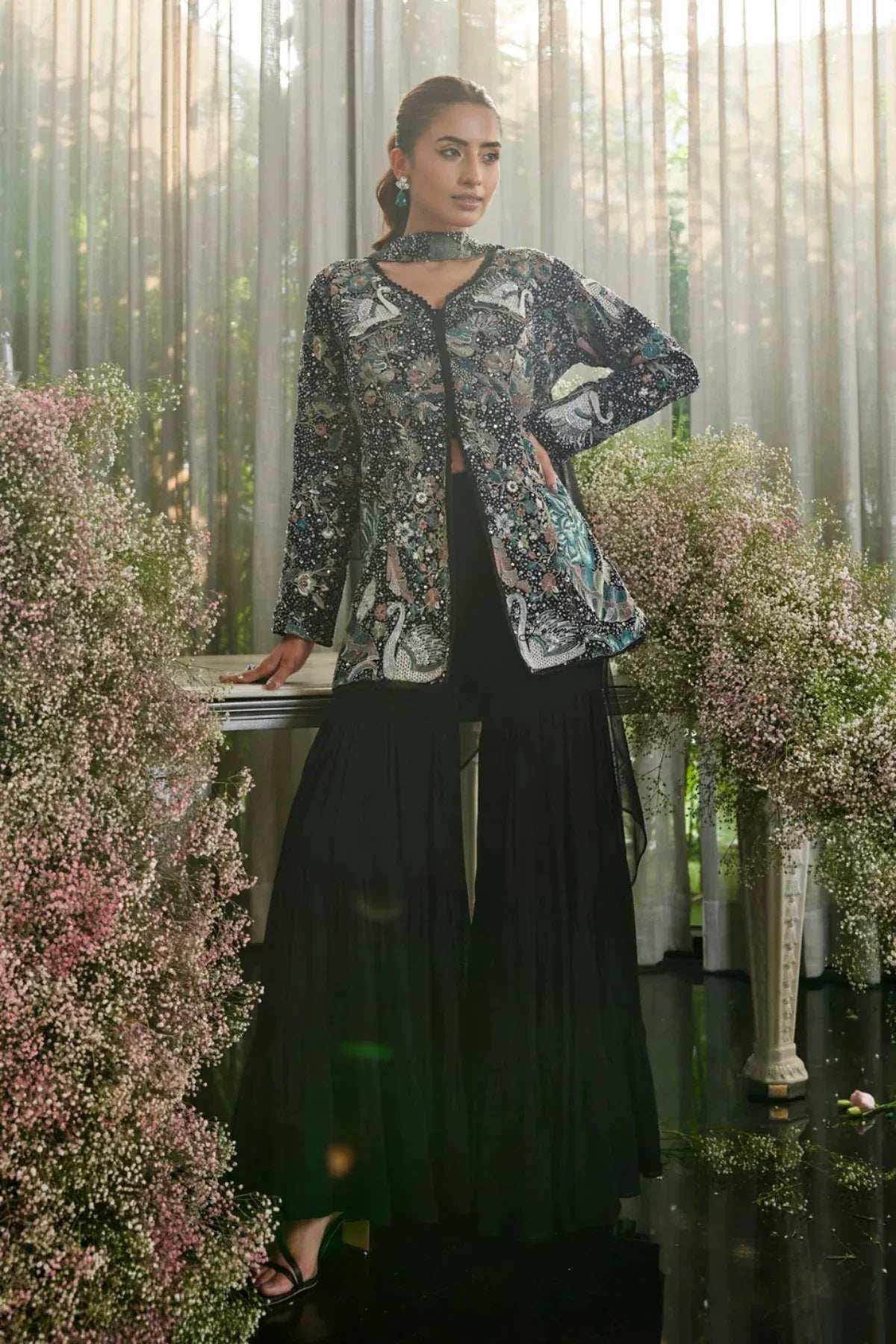 Handcrafted Black Palazzo Set with Heavy Swan Motif Jacket – South Asian Party & Festive Wear |Label S4U - MishUUU