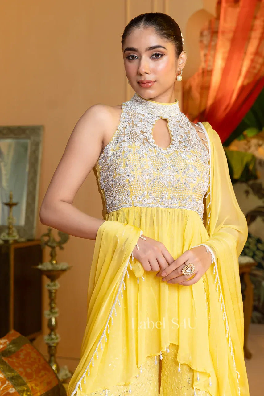 Sunshine Yellow Handcrafted Palazzo Set | Label S4U - MishUUU