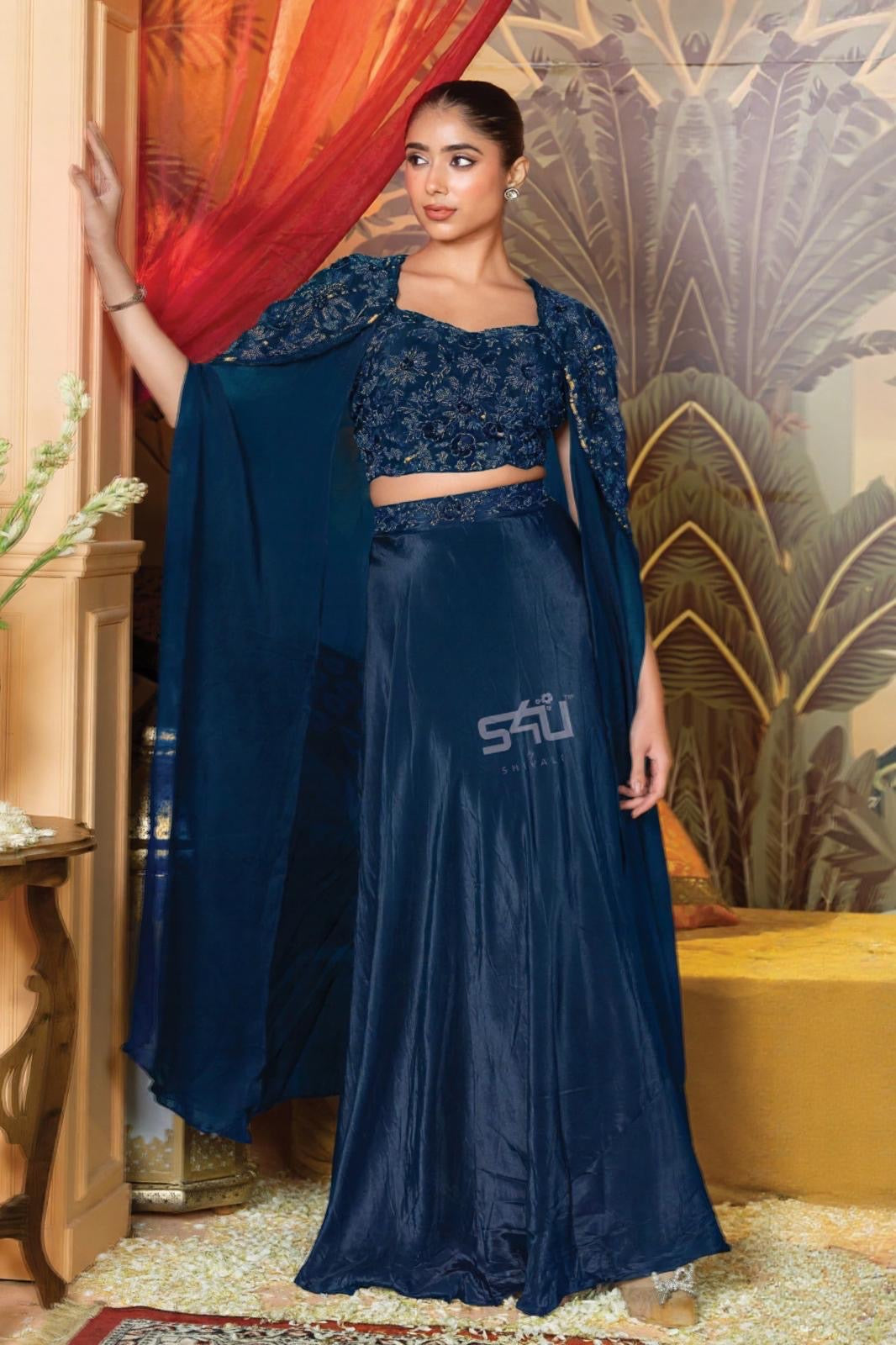 Navy Blue Lehenga with Cape Blouse | Label S4U