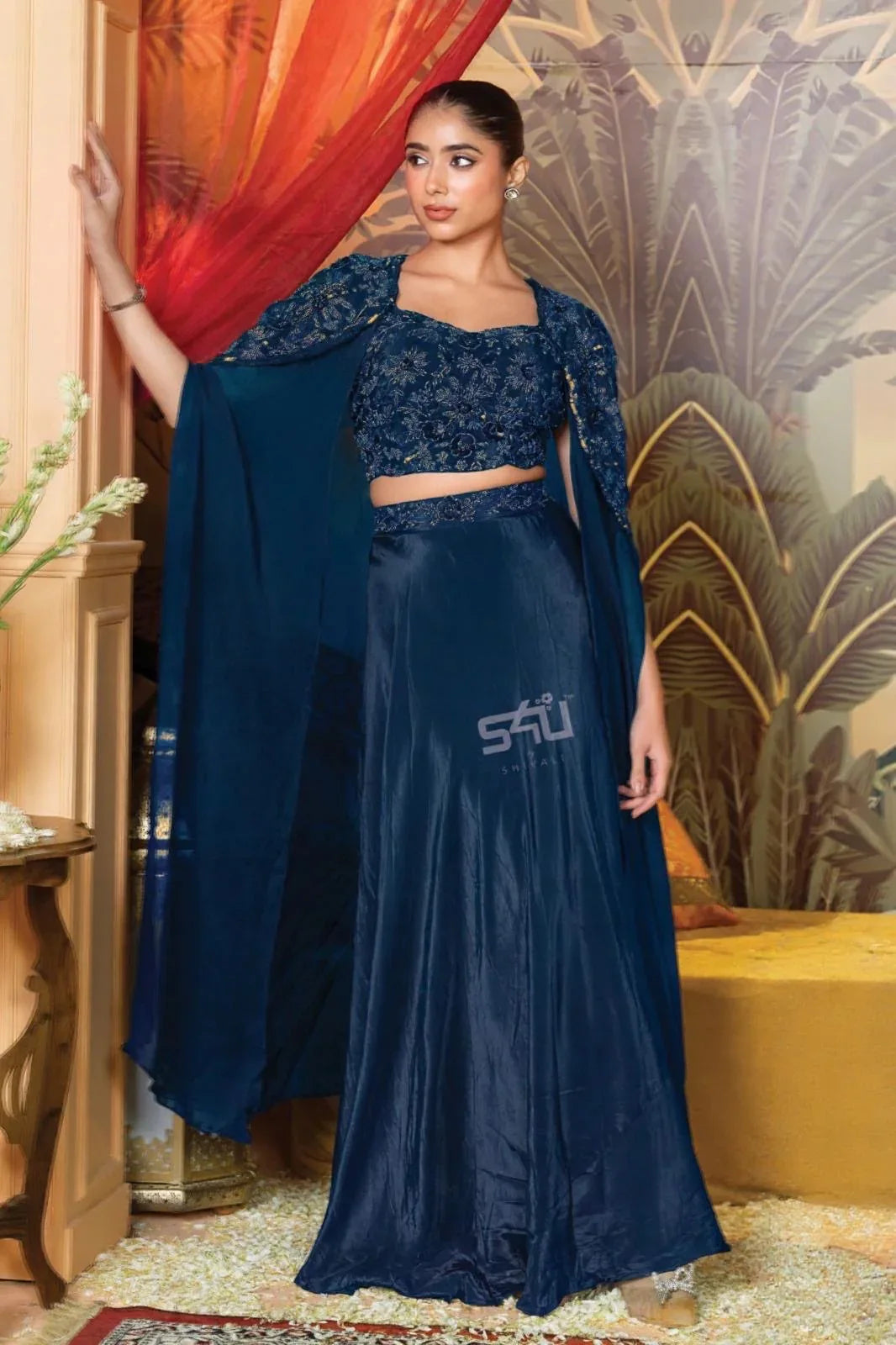 Navy Blue Lehenga with Cape Blouse | Label S4U - MishUUU
