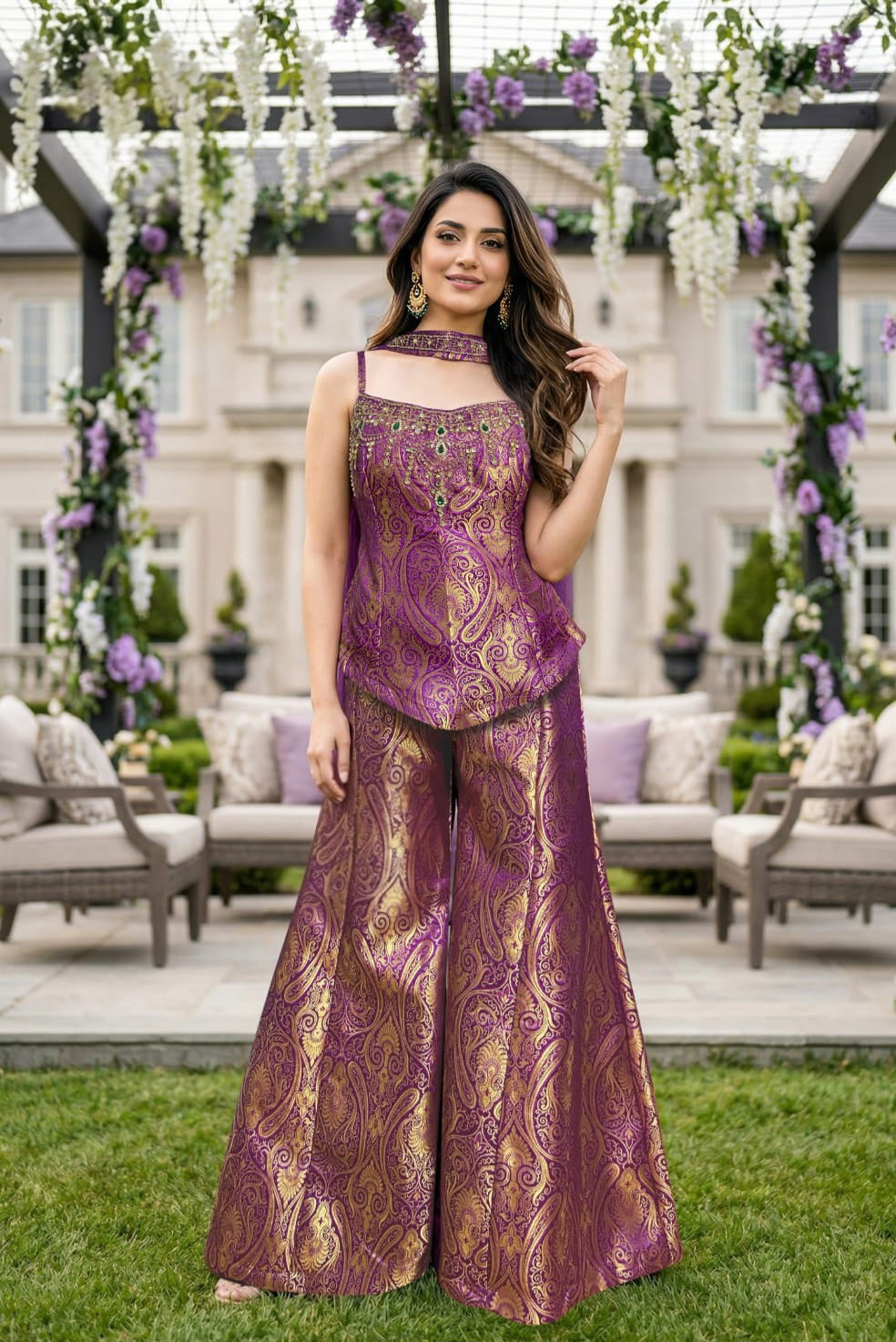 Plum Gold Brocade Sharara Set
