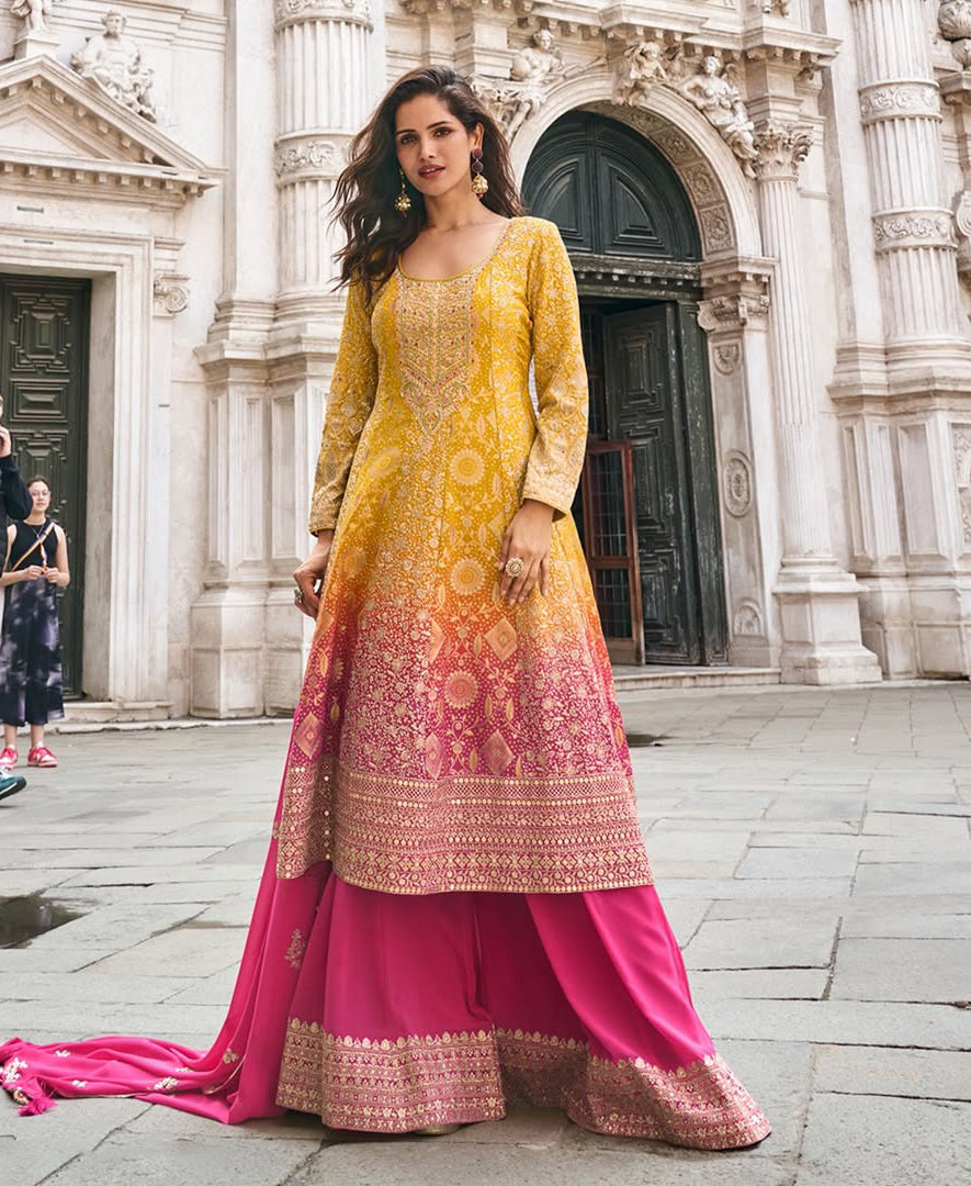 Mustard Pink Ombre Sharara Luxe Set