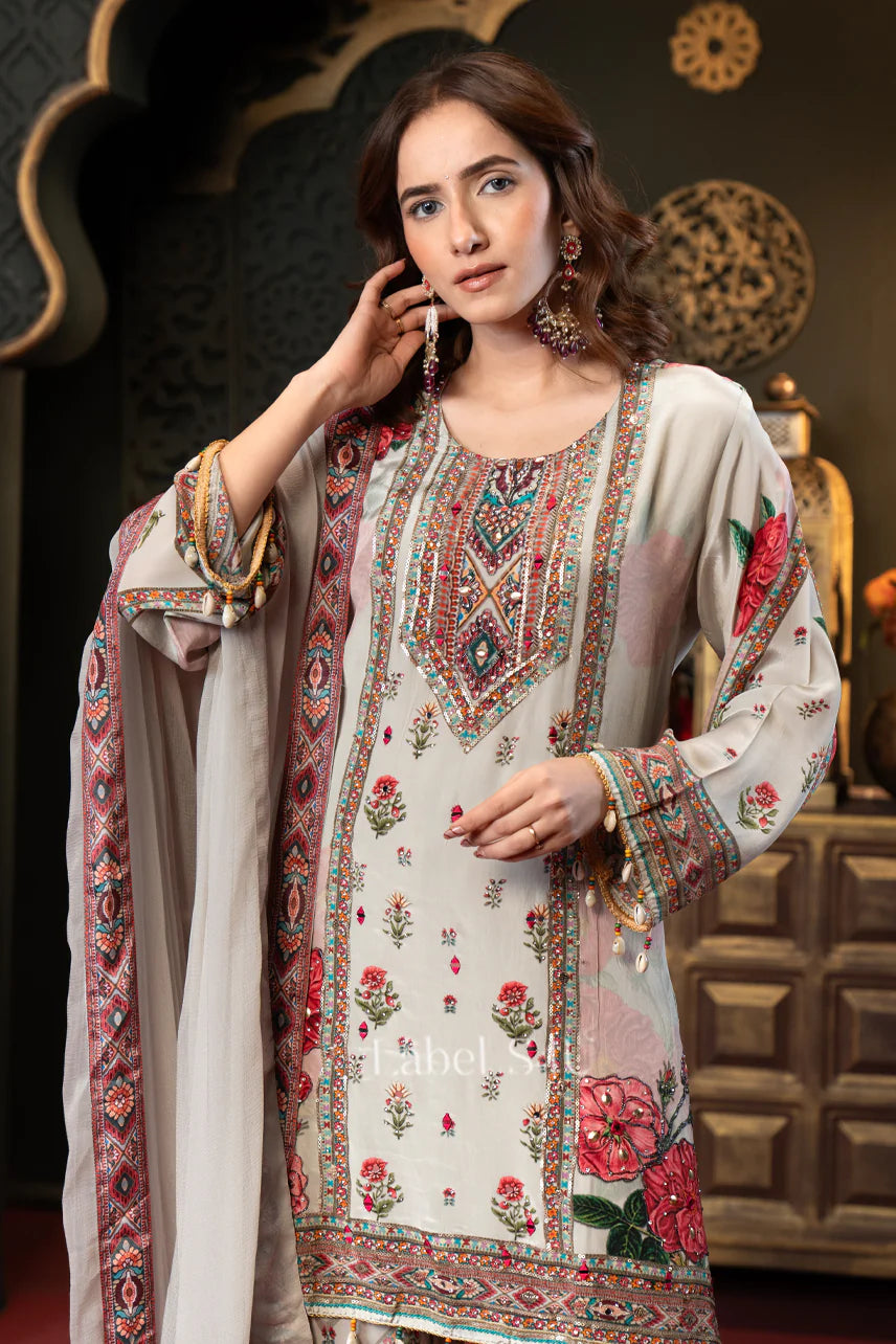 Ivory Floral Printed Luxe Sharara Set