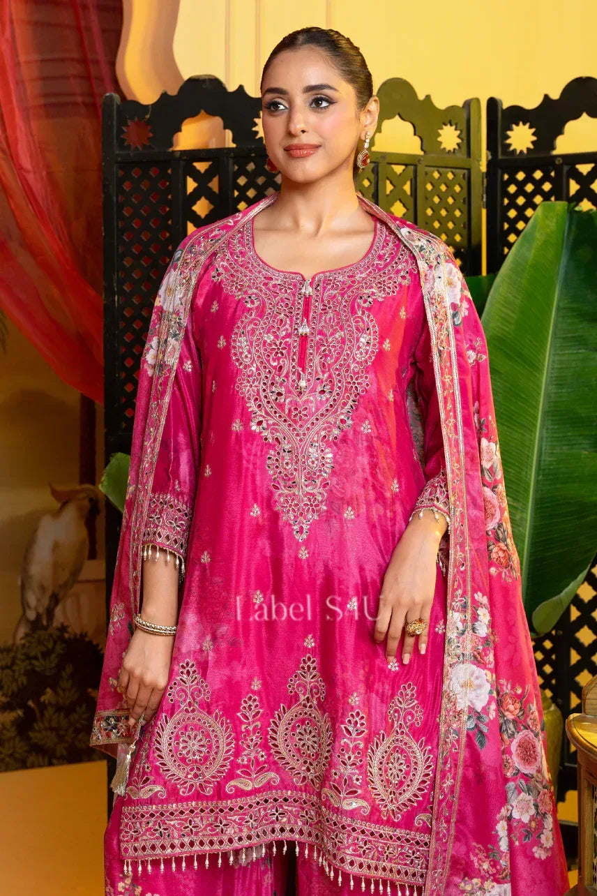 Fuchsia Pink Hand-Crafted Palazzo Suit with Dupatta | Label S4U - MishUUU