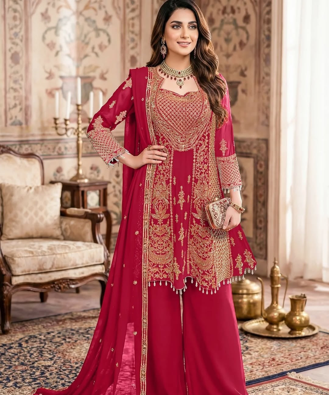 Ruby Royale Embroidered Palazzo Set