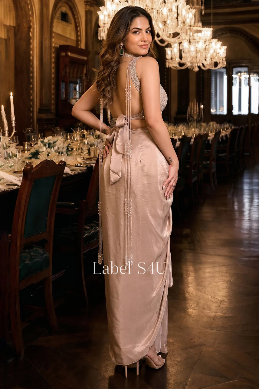 Champagne Blush Draped Saree Set