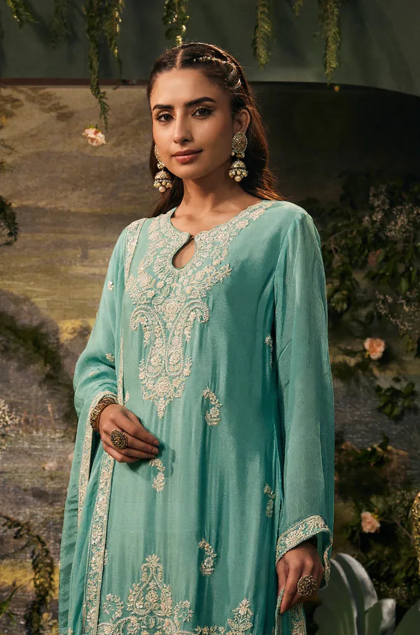 Mint Zohra Embroidered Kurta Sharara Set - MishUUU