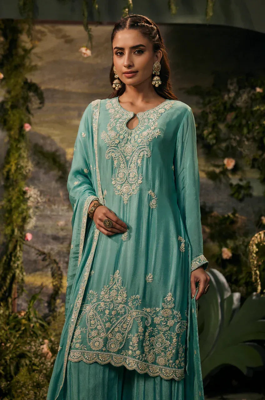 Mint Zohra Embroidered Kurta Sharara Set - MishUUU