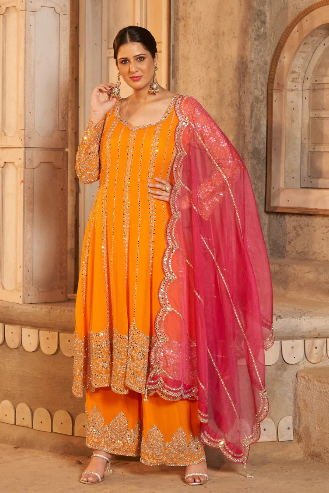 Orange Palazzo Suit with Pink Dupatta & Handcrafted Borders