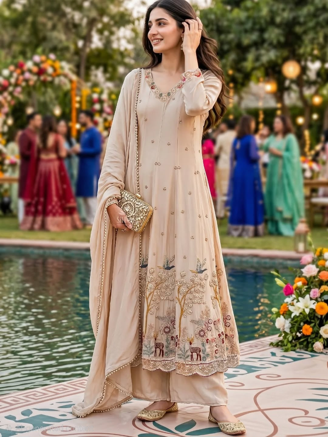 Champagne Garden Embroidered Anarkali Set