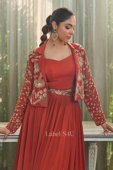 Rust Red Jacket Style Lehenga Set | Label S4U