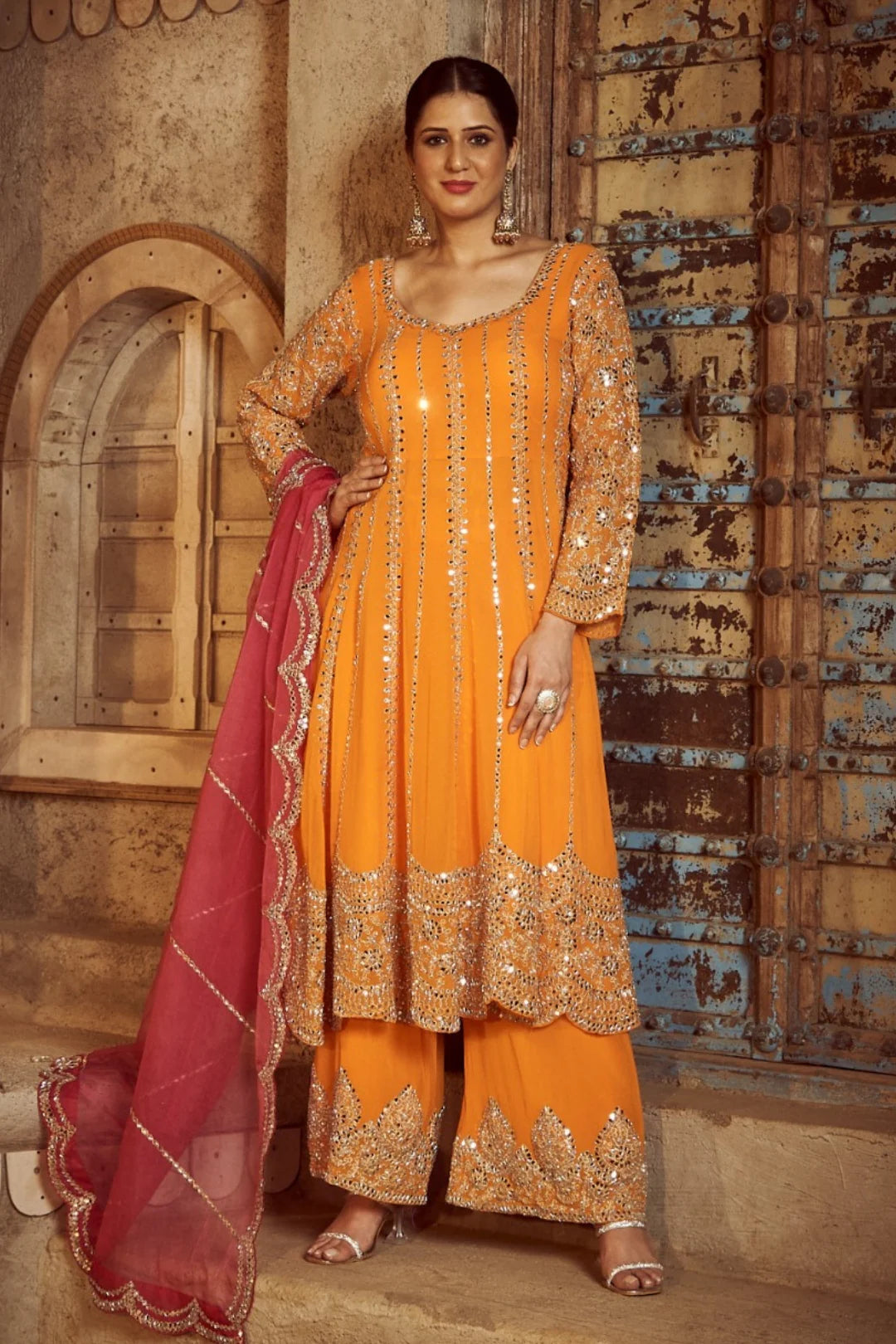 Orange Palazzo Suit with Pink Dupatta & Handcrafted Borders