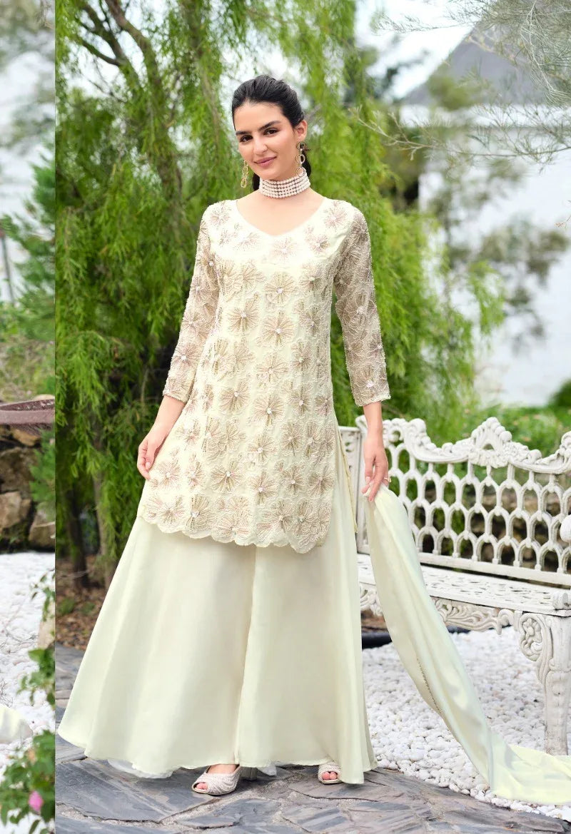 Mint Blossom Embroidered Kurta Palazzo Set - MishUUU