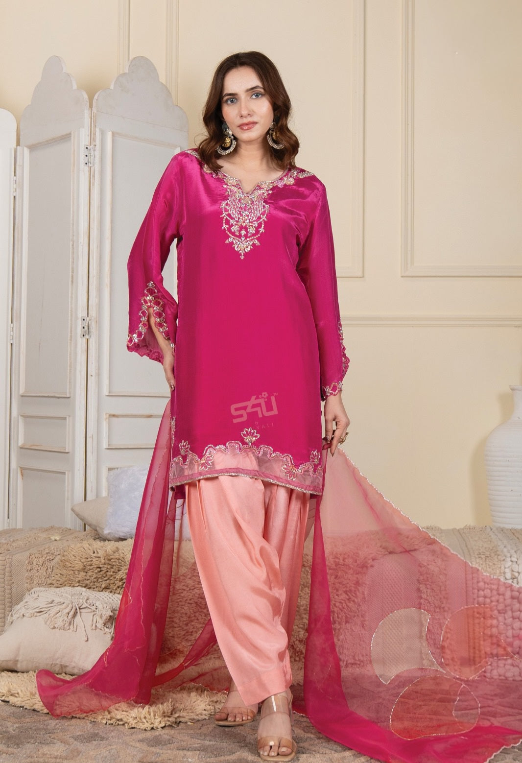 Fuchsia Peach Zari Salwar Couture Ensemble