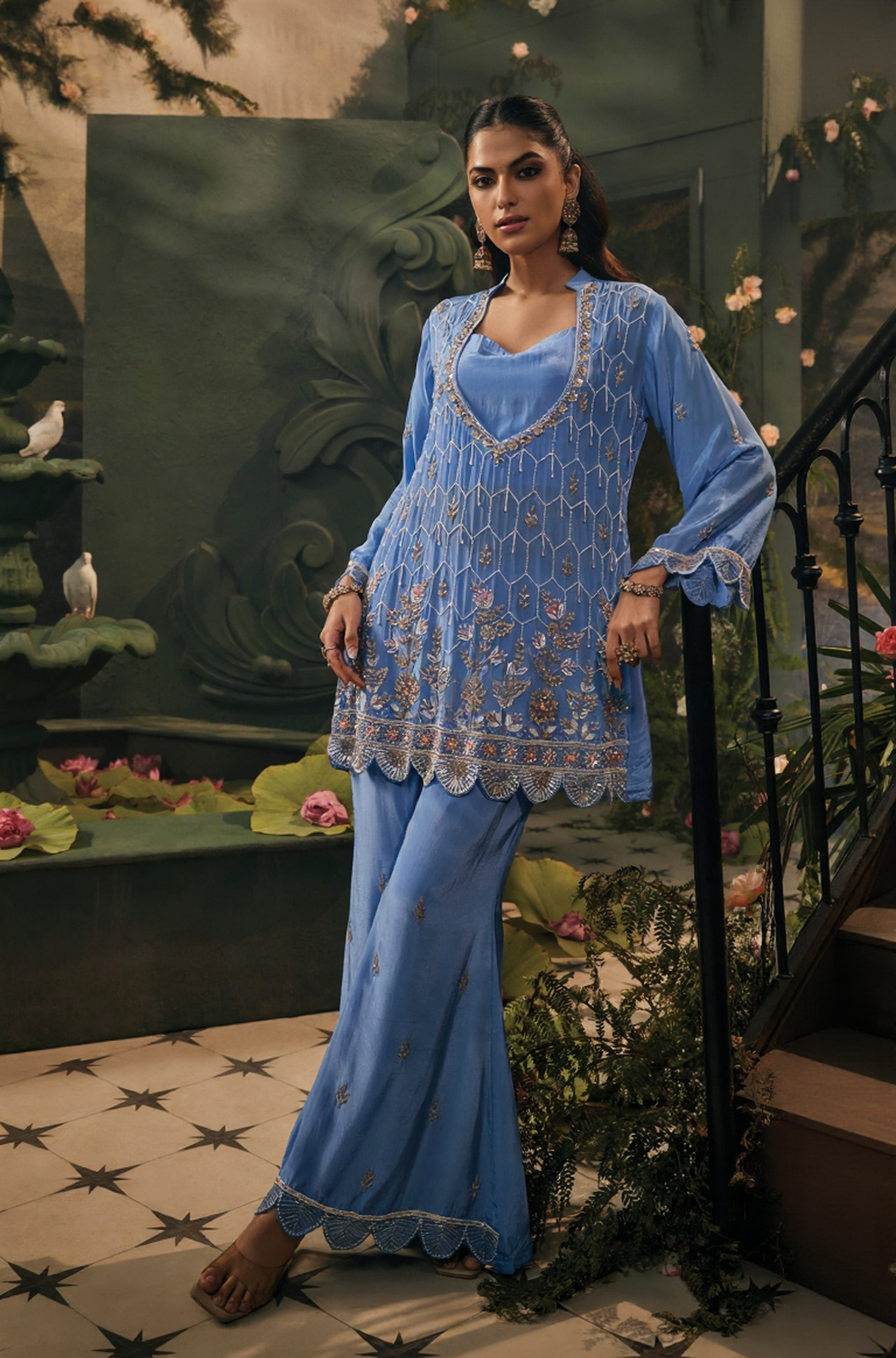 Celeste Bloom Embroidered Palazzo Set