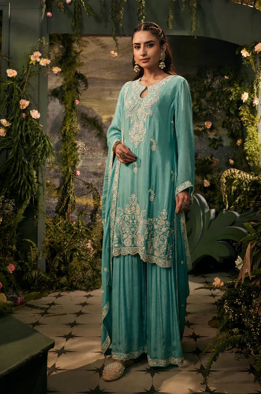 Mint Zohra Embroidered Kurta Sharara Set - MishUUU